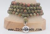 GMN2473 Hand-knotted 6mm unakite 108 beads mala necklaces with charm