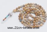 GMN2604 Hand-knotted 8mm, 10mm matte fossil coral 108 beads mala necklace with pendant