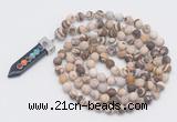 GMN2609 Hand-knotted 8mm, 10mm matte zebra jasper 108 beads mala necklace with pendant