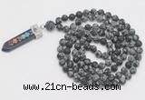 GMN2614 Hand-knotted 8mm, 10mm matte snowflake obsidian 108 beads mala necklace with pendant