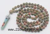 GMN2628 Knotted 8mm, 10mm matte unakite 108 beads mala necklace with pendant