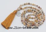 GMN323 Hand-knotted 6mm yellow crazy agate 108 beads mala necklaces with tassel & charm