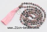 GMN325 Hand-knotted 6mm rhodonite 108 beads mala necklaces with tassel & charm