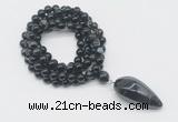 GMN4068 Hand-knotted 8mm, 10mm black banded agate 108 beads mala necklace with pendant