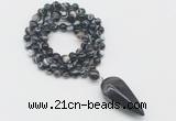 GMN4069 Hand-knotted 8mm, 10mm black banded agate 108 beads mala necklace with pendant