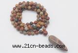 GMN4077 Hand-knotted 8mm, 10mm picasso jasper 108 beads mala necklace with pendant