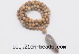 GMN4078 Hand-knotted 8mm, 10mm picture jasper 108 beads mala necklace with pendant