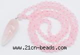 GMN4200 Hand-knotted 8mm, 10mm matte rose quartz 108 beads mala necklace with pendant