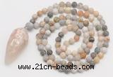 GMN4209 Hand-knotted 8mm, 10mm matte bamboo leaf agate 108 beads mala necklace with pendant