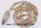 GMN4211 Hand-knotted 8mm, 10mm matte yellow crazy agate 108 beads mala necklace with pendant