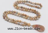 GMN4412 Hand-knotted 8mm, 10mm matte fossil coral 108 beads mala necklace with pendant