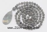 GMN4634 Hand-knotted 8mm, 10mm labradorite 108 beads mala necklace with pendant