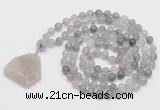 GMN4647 Hand-knotted 8mm, 10mm cloudy quartz 108 beads mala necklace with pendant