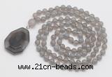 GMN4658 Hand-knotted 8mm, 10mm grey agate 108 beads mala necklace with pendant