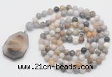 GMN4662 Hand-knotted 8mm, 10mm bamboo leaf agate 108 beads mala necklace with pendant
