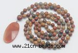 GMN4675 Hand-knotted 8mm, 10mm picasso jasper 108 beads mala necklace with pendant