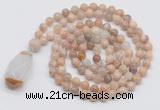 GMN4823 Hand-knotted 8mm, 10mm sunstone 108 beads mala necklace with pendant