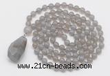 GMN4825 Hand-knotted 8mm, 10mm grey agate 108 beads mala necklace with pendant