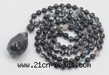 GMN4843 Hand-knotted 8mm, 10mm black banded agate 108 beads mala necklace with pendant