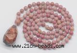 GMN4853 Hand-knotted 8mm, 10mm pink wooden jasper 108 beads mala necklace with pendant