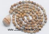 GMN4861 Hand-knotted 8mm, 10mm picture jasper 108 beads mala necklace with pendant