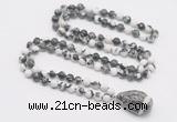 GMN4864 Hand-knotted 8mm, 10mm black & white jasper 108 beads mala necklace with pendant