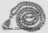 GMN4922 Hand-knotted 8mm, 10mm grey picture jasper 108 beads mala necklace with pendant