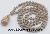 GMN4925 Hand-knotted 8mm, 10mm feldspar 108 beads mala necklace with pendant