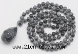 GMN4930 Hand-knotted 8mm, 10mm snowflake obsidian 108 beads mala necklace with pendant