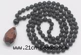 GMN4933 Hand-knotted 8mm, 10mm black lava 108 beads mala necklace with pendant