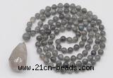 GMN4935 Hand-knotted 8mm, 10mm labradorite 108 beads mala necklace with pendant