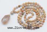 GMN4937 Hand-knotted 8mm, 10mm fossil coral 108 beads mala necklace with pendant