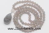 GMN5007 Hand-knotted 8mm, 10mm matte grey agate 108 beads mala necklace with pendant