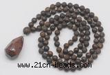 GMN5024 Hand-knotted 8mm, 10mm matte bronzite 108 beads mala necklace with pendant