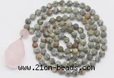 GMN5026 Hand-knotted 8mm, 10mm matte rhyolite 108 beads mala necklace with pendant