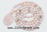 GMN5057 Hand-knotted 8mm, 10mm matte natural pink opal 108 beads mala necklace with pendant