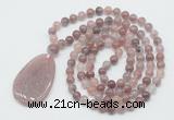 GMN5090 Hand-knotted 8mm, 10mm purple strawberry quartz 108 beads mala necklace with pendant