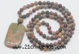 GMN5121 Hand-knotted 8mm, 10mm matte picasso jasper 108 beads mala necklace with pendant