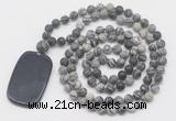 GMN5125 Hand-knotted 8mm, 10mm matte black water jasper 108 beads mala necklace with pendant