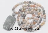 GMN5135 Hand-knotted 8mm, 10mm matte bamboo leaf agate 108 beads mala necklace with pendant