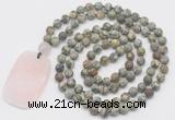 GMN5141 Hand-knotted 8mm, 10mm matte rhyolite 108 beads mala necklace with pendant