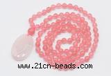GMN5145 Hand-knotted 8mm, 10mm cherry quartz 108 beads mala necklace with pendant