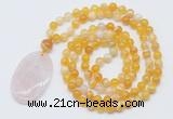 GMN5150 Hand-knotted 8mm, 10mm yellow banded agate 108 beads mala necklace with pendant