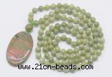 GMN5162 Hand-knotted 8mm, 10mm China jade 108 beads mala necklace with pendant