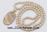 GMN5164 Hand-knotted 8mm, 10mm white fossil jasper 108 beads mala necklace with pendant