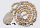 GMN5181 Hand-knotted 8mm, 10mm fossil coral 108 beads mala necklace with pendant