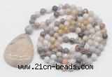 GMN5209 Hand-knotted 8mm, 10mm bamboo leaf agate 108 beads mala necklace with pendant