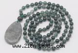 GMN5216 Hand-knotted 8mm, 10mm moss agate 108 beads mala necklace with pendant