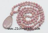 GMN5219 Hand-knotted 8mm, 10mm pink wooden jasper 108 beads mala necklace with pendant