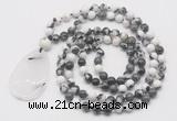 GMN5225 Hand-knotted 8mm, 10mm black & white jasper 108 beads mala necklace with pendant